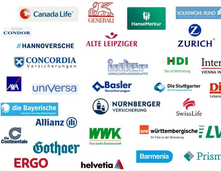 Logos verschiedener Versicherungsunternehmen und Finanzdienstleister.