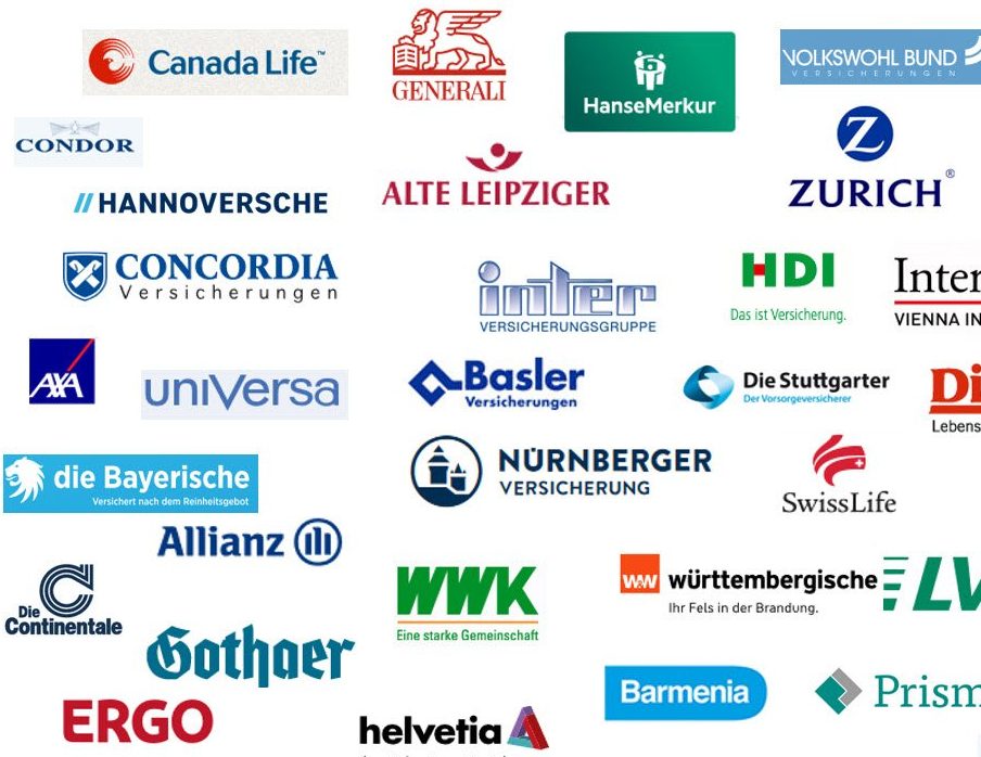 Logos verschiedener Versicherungsunternehmen und Finanzdienstleister.