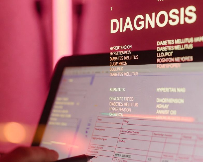 Hand hält ein Laptop mit einer Diagnoseübersicht auf dem Bildschirm Berufsunfähigkeitsversicherung