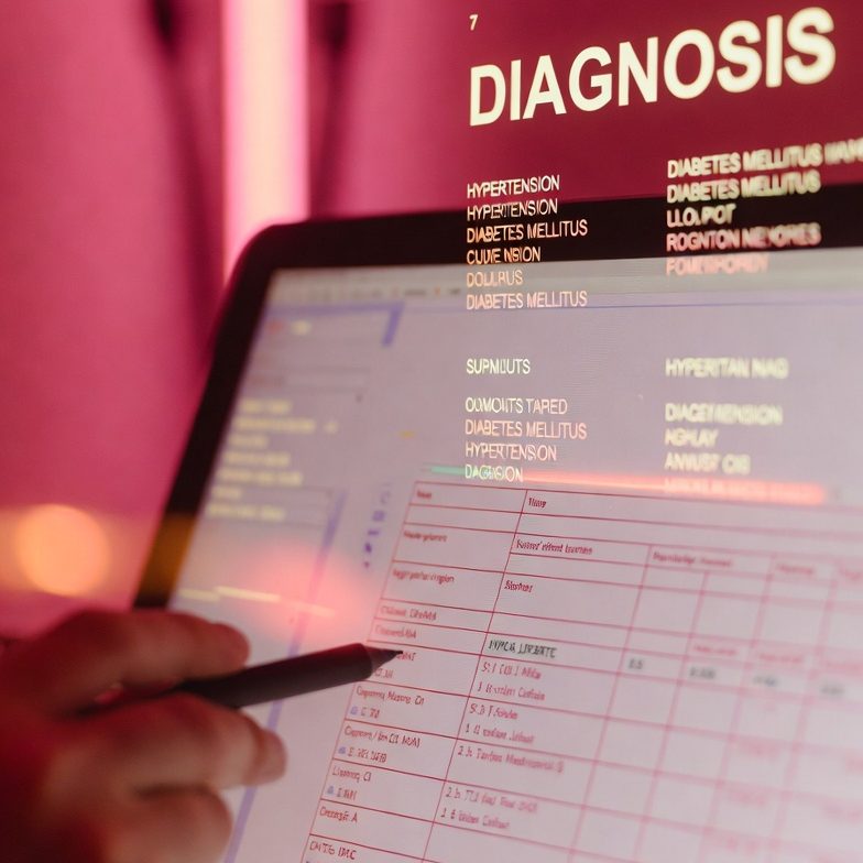 Tastatur und Stift auf einem Bildschirm mit dem Wort „DIAGNOSE“ und Datenansicht. Berufsunfähigkeitsversicherung