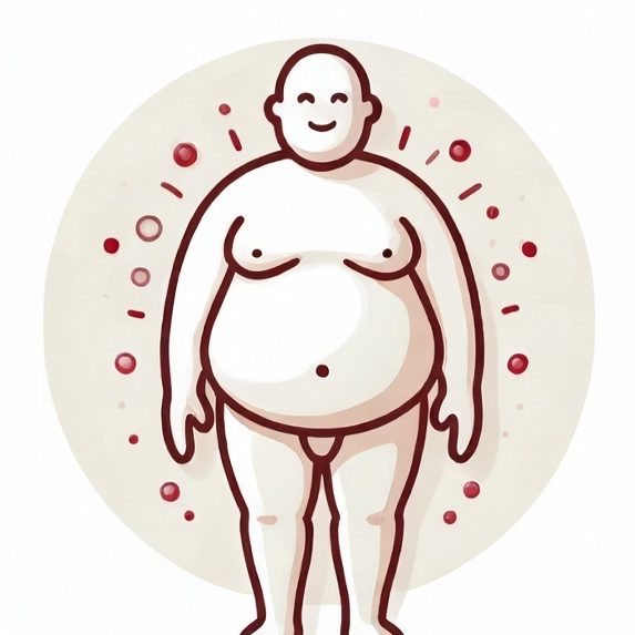 Lustige, stilisierte Zeichnung einer fröhlichen, dicken Figur mit rundem Gesicht. Berufsunfähigkeitsversicherung