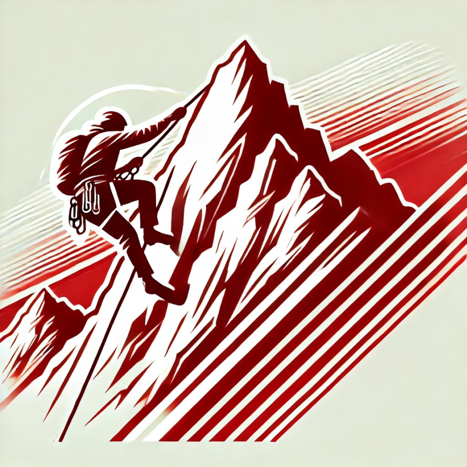 Bergsteiger, der eine steile Felswand hinaufklettert, umgeben von Linien und Farbverlauf. Berufsunfähigkeitsversicherung