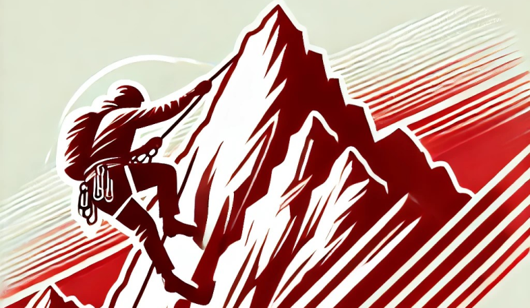 Ein Bergsteiger erklimmt eine rote Bergspitze auf einem minimalistischen Hintergrund.