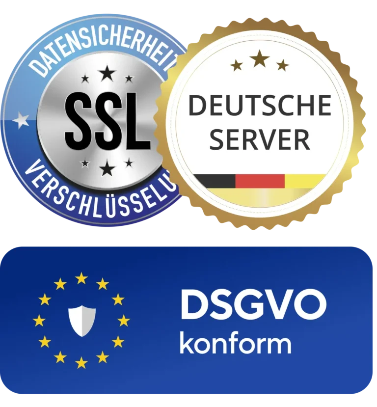 Sicherheitszertifikate: SSL, DSGVO-konform, deutsche Server.