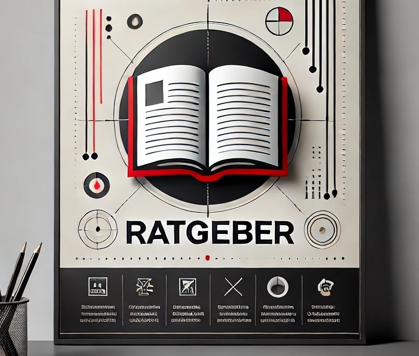 Ein dekoratives Plakat mit dem Titel "Ratgeber" und einem offenen Buch in der Mitte.