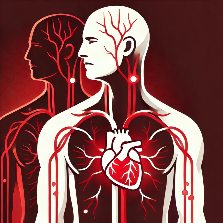 Grafik eines menschlichen Körpers mit hervorgehobenen Blutgefäßen und Herz. Berufsunfähigkeitsversicherung