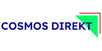 Logo von Cosmos Direkt in blauer Schrift mit grünem und rotem Dreieck.