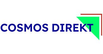 Logo von Cosmos Direkt mit blauem Text und grün-rotem Dreieck.
