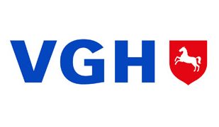 Logo der VGH, blau mit rotem Wappen und Pferdemotiv.