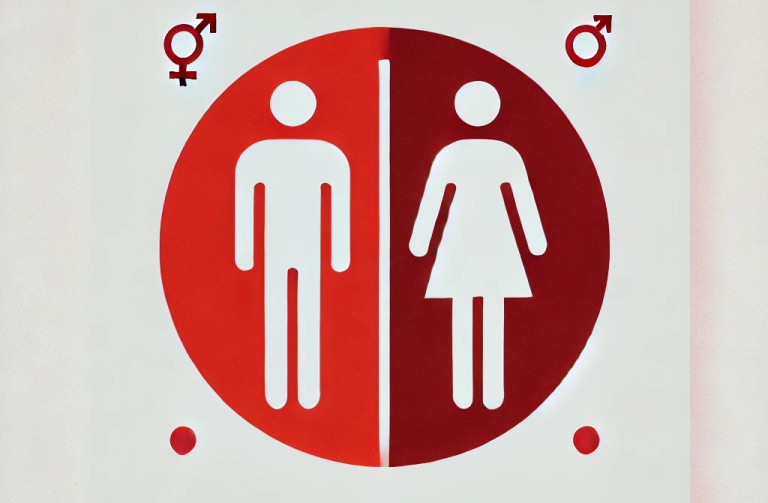 Piktogramm für Damen- und Herrentoilette, rot mit Symbolen für Geschlechter.