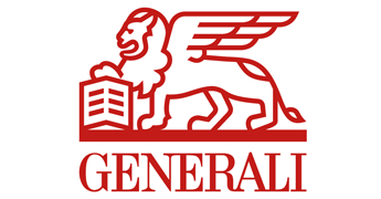 Logo von Generali: roter Löwe mit Flügeln neben einem Gebäude.