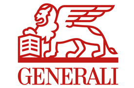 Rotes Logo von Generali mit einem geflügelten Löwen und einem Gebäude.