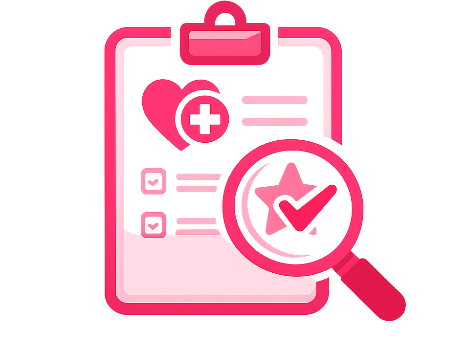 Ein rosa Clipboard mit Herz, Medizin-Symbol und Checkliste, vergrößert durch eine Lupe Anonyme Risikovoranfrage BU