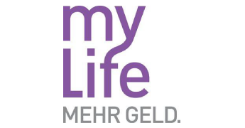 Logo von myLife mit dem Slogan "MEHR GELD." in lila Schrift.
