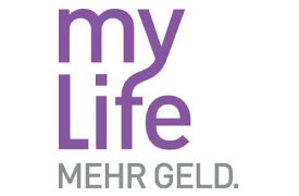 Logo von "my Life" mit dem Slogan "MEHR GELD." in lila Schrift.