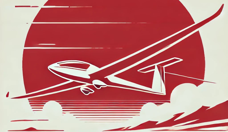 Glider vor rotem Sonnenuntergang, mit dynamischen Wolkenlinien im Hintergrund.