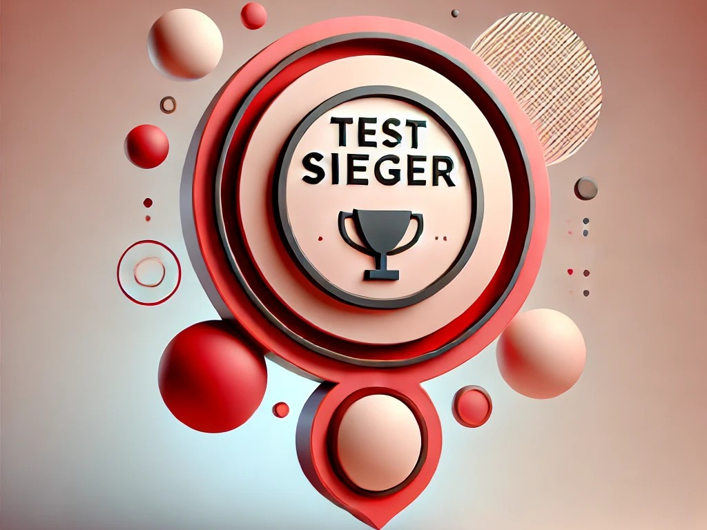 Abzeichen mit "TESTSIEGER" und Pokal, umgeben von bunten geometrischen Formen.