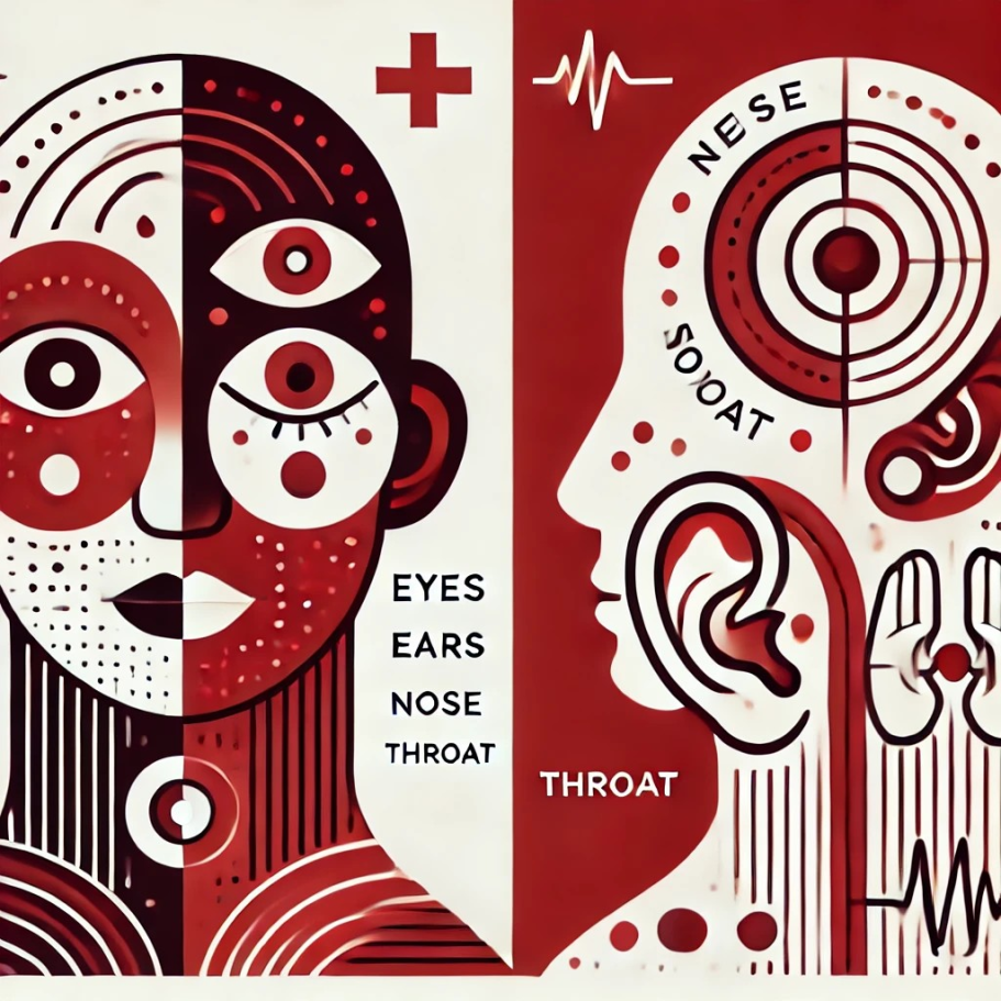 Grafik zeigt stilisierte Gesichter mit Symbolen für Augen, Ohren, Nase und Hals. Berufsunfähigkeitsversicherung