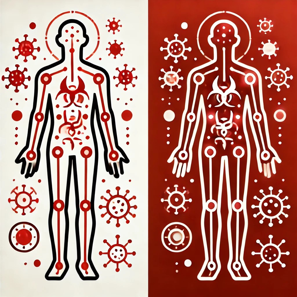 Zwei menschliche Figuren in Schwarz und Weiß, umgeben von Virus-Symbolen in Rot. Berufsunfähigkeitsversicherung