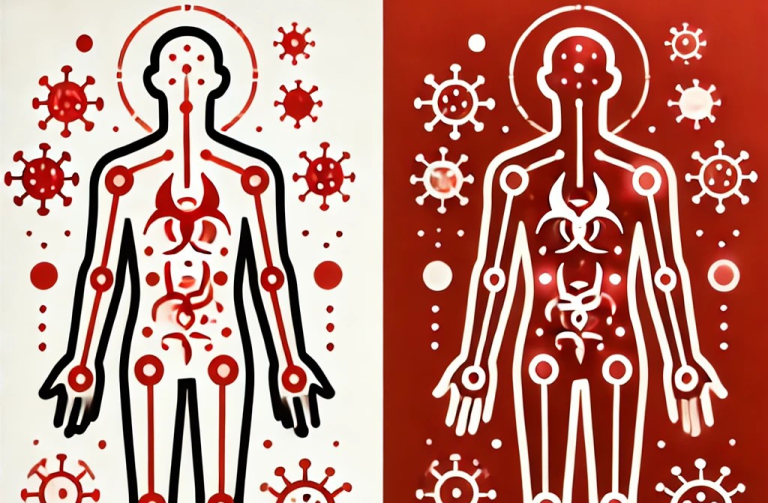 Schwarz-rote Illustration von zwei menschlichen Figuren mit Virusdarstellungen und Körpermerkmalen.