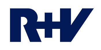 Logo der R+V Versicherung in blauer Schrift auf weißem Hintergrund.