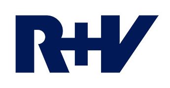 Logo der R+V Versicherung in blauer Schrift auf einem weißen Hintergrund.