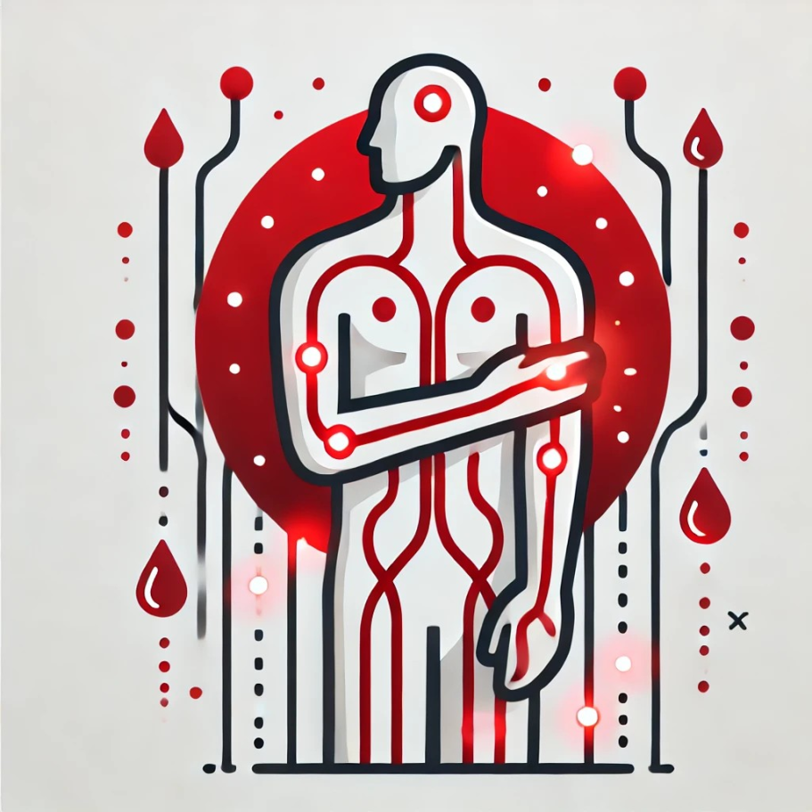 Grafik eines menschlichen Körpers mit roten Blutgefäßen und Tropfen auf grauem Hintergrund. Berufsunfähigkeitsversicherung