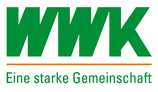 Logo der WWK mit der Aufschrift "Eine starke Gemeinschaft" in Grün und Orange.