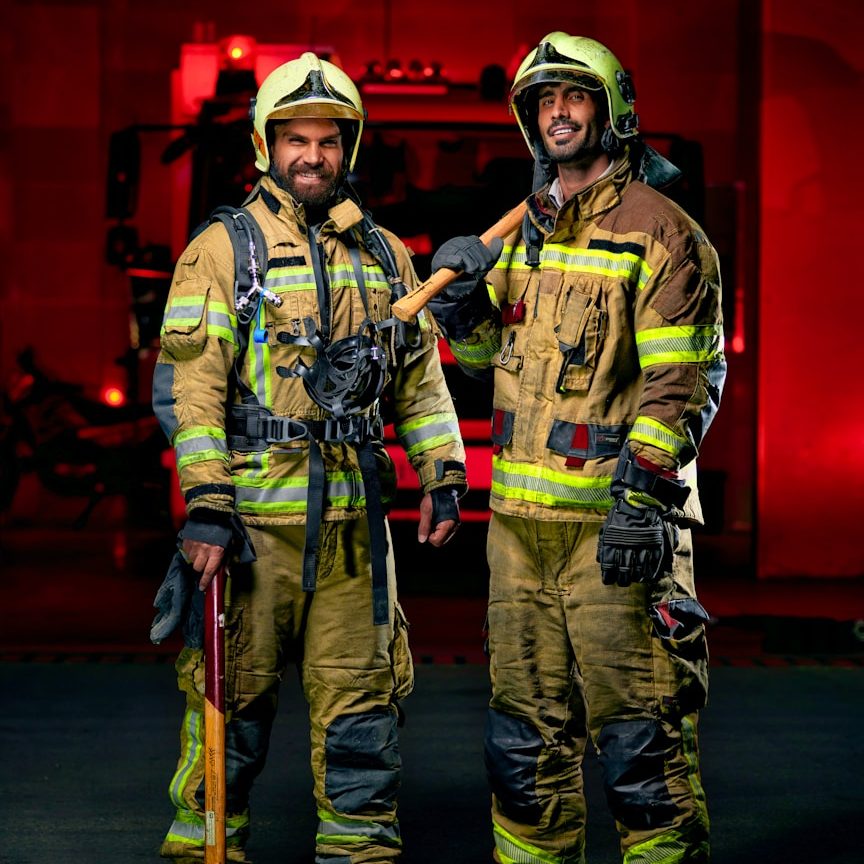 BU für Feuerwehrberufe Zwei Feuerwehrleute in Schutzkleidung vor einem feuerwehrtechnischen Hintergrund zur Berufsunfähigkeitsversicherung