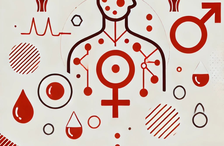 Grafik eines menschlichen Scherma mit roten Symbolen für Geschlecht und Gesundheit.