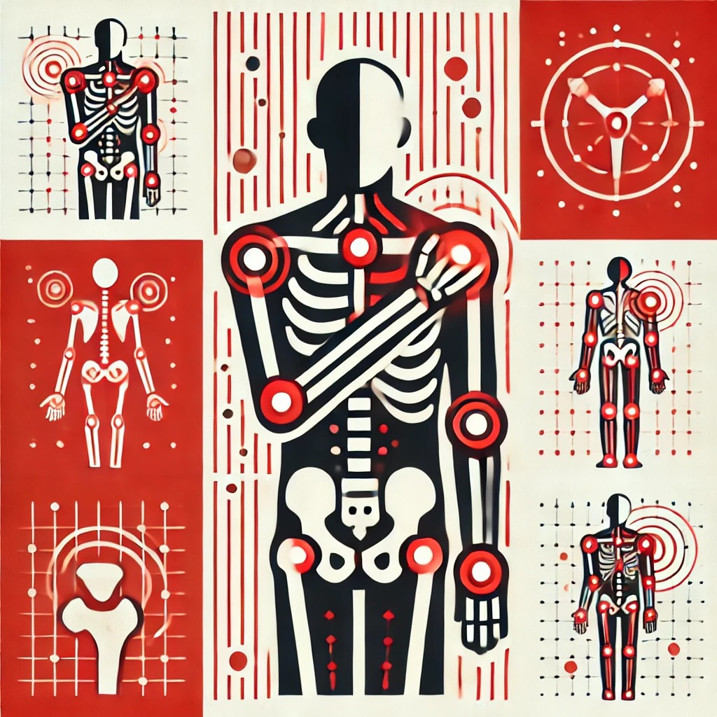 Illustration eines menschlichen Körpers mit hervorgehobenen Skelett- und Gelenkbereichen. Berufsunfähigkeitsversicherung