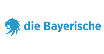 Logo der Bayerischen Versicherung mit blauem Text und Löwenkopf-Icon.