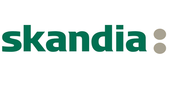 Logo von Skandia in grüner Schrift mit einem Punkt in Ockerfarbe.