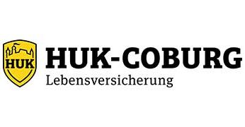 Logo der HUK-Coburg Lebensversicherung mit gelbem Schild und schwarzem Text.
