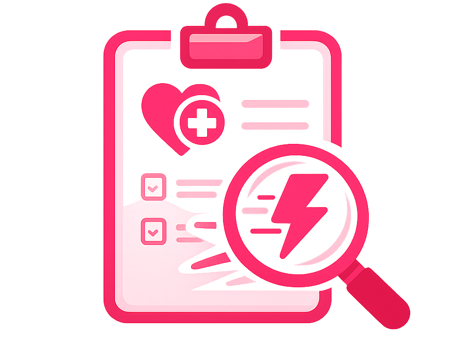 Rosa Checkliste mit Herzsymbol und Lupe, die eine Analyse anzeigt. BU Quick Check Up