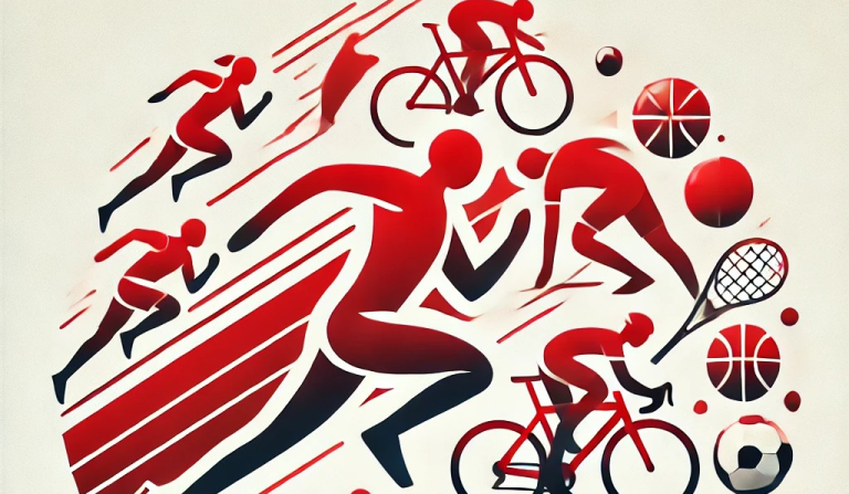 Grafik mit verschiedenen Sportarten: Laufen, Radfahren, Basketball und Tennis.