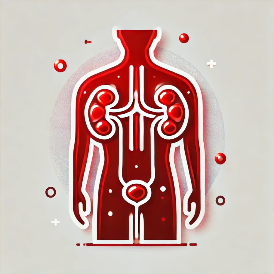 Grafik eines menschlichen Körpers mit hervorgehobenen Nieren und Blutkreislaufsystem. Berufsunfähigkeitsversicherung
