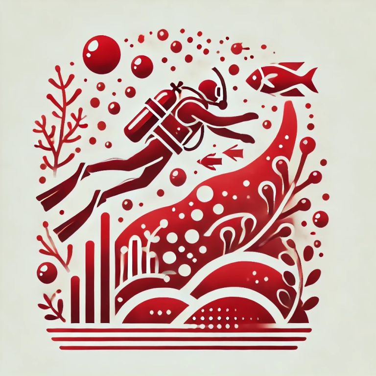 Taucher in rotem Design, umgeben von Wasserpflanzen und Fischen. Berufsunfähigkeitsversicherung