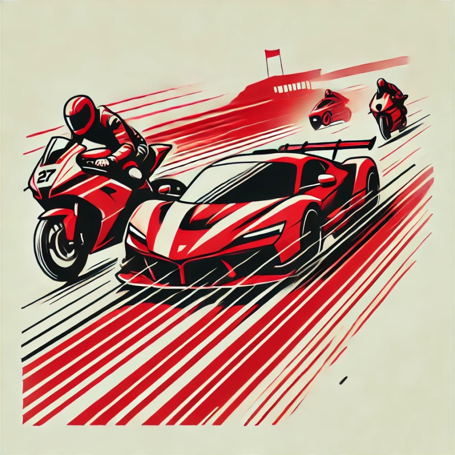 Roter Sportwagen und Motorrad fahren rasant auf einer dynamischen, gestreiften Hintergrundlandschaft. Berufsunfähigkeitsversicherung