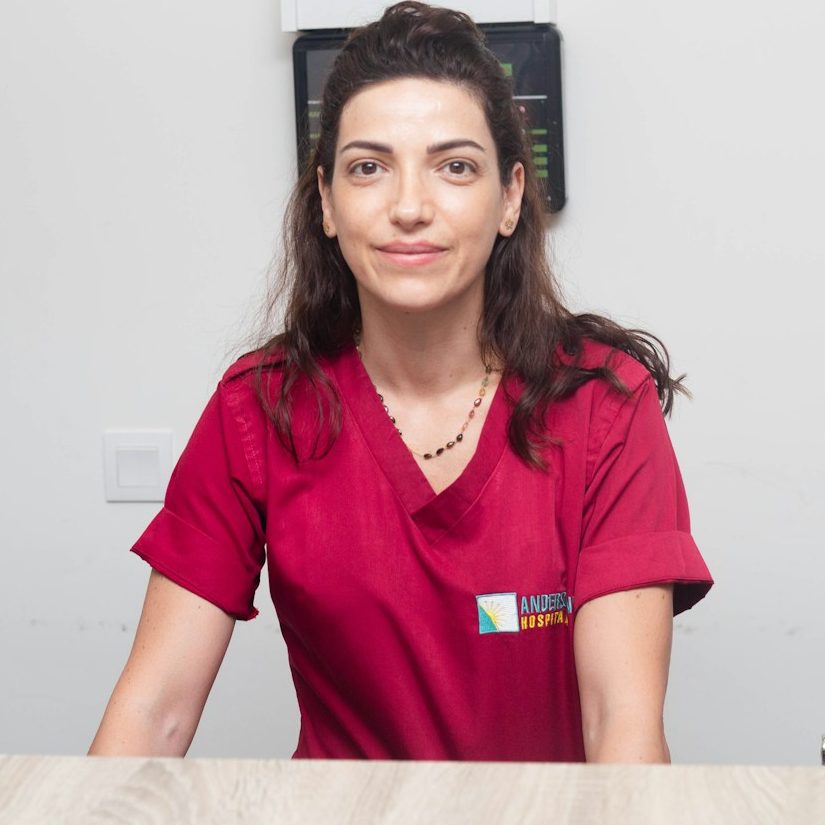 BU für Pflege & Gesundheitsberufe Frau in roter Kluft sitzt an einem Tisch, schaut direkt in die Kamera zur Berufsunfähigkeitsversicherung