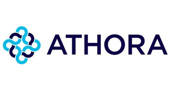 Athora Logo von Athora mit einem stilisierten blauen Muster und dem Schriftzug in dunkler Farbe.