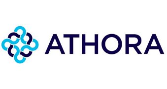 Logo von Athora mit stilisierten geschwungenen Formen in Blau und Türkis.