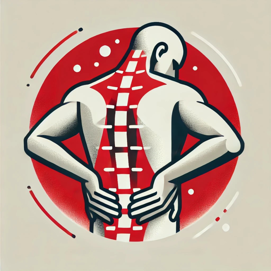 Illustration eines menschlichen Rückens mit hervorgehobener Wirbelsäule und Rückenschmerzen. Berufsunfähigkeitsversicherung