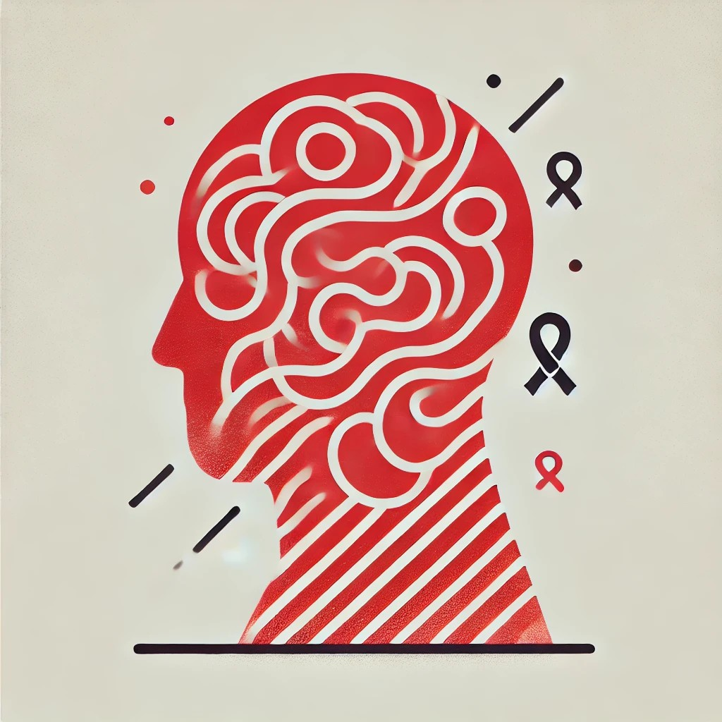 Berufsunfähigkeitsversicherung Roter Kopf mit abstrakten Linien und Schleifen, die das Bewusstsein symbolisieren.