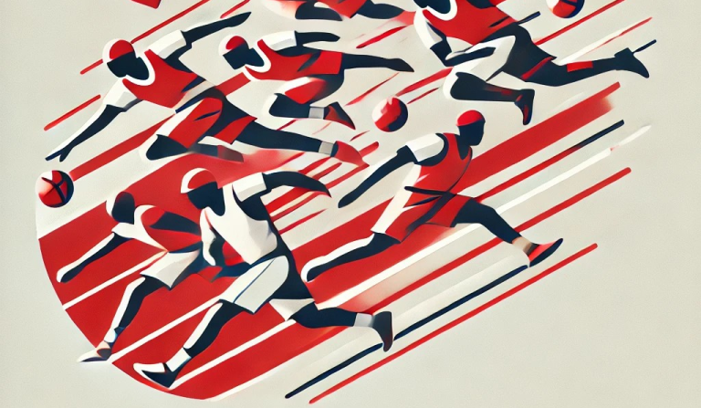Dynamische Darstellung von Läufern in Rot und Schwarz, die in verschiedene Richtungen sprinten.