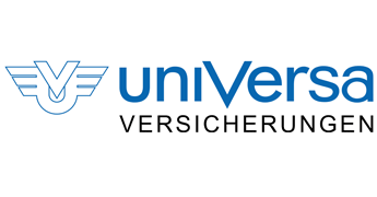 Logo der uniVersa Versicherungen, blau und weiß mit Flügel-Design.