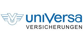 Logo von uniVersa Versicherungen mit stilisiertem Flugzeugmotiv.